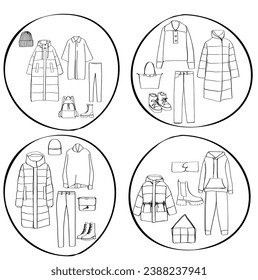 Woman clothes set. Sketch. Down jacket, sweater, sport suit, bag, shoes. Warm winter clothes