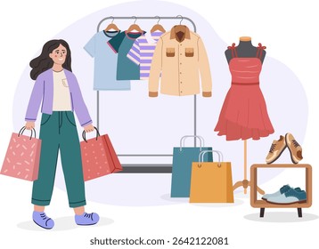 Woman clothes shop, woman holding shopping bags. Outfits on hangers and mannequins. For fashion and shopping themes.