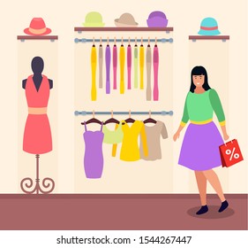 Woman in clothes shop with shopping bag, sale at department store. Garment dresses and shirt, hats and top. Lady buying apparels for wardrobe. Pink dress on mannequin. Vector illustration flat style