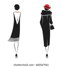 Woman in clothes in vintage style 1920's. Retro fashion vector illustration isolated on white background. Back view.