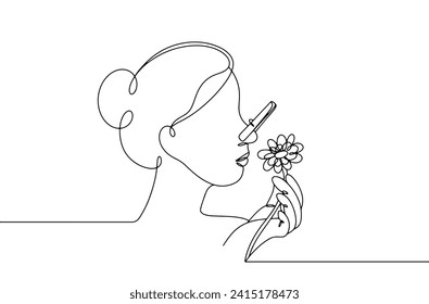 A woman with a clothespin on her nose smells a flower. Disease. Complete loss of the ability to smell. Vector illustration. Images produced without the use of any form of AI software at any stage. 