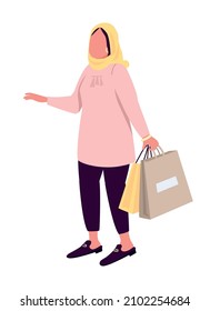 Woman with clothing bags semi flat color vector character. Standing figure. Full body person on white. Pastime isolated modern cartoon style illustration for graphic design and animation