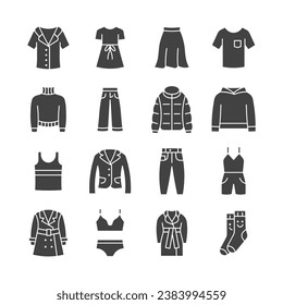 Woman clothing glyph icon set. Dress, skirt, blazer, jacket, jeans, pants, cloak flat symbol. Vector illustration.