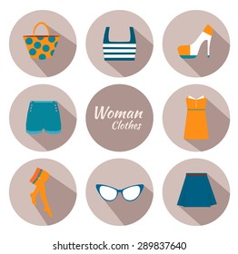 woman clothing icon set with dress, glasses, stockings, bag and other. Flat design.