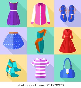 Woman Clothing Icons Set with Accessories in a Flat Design