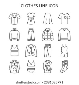 Woman clothing line icon set. Dress, skirt, blazer, jacket, jeans, pants, cloak flat symbol. Vector illustration.