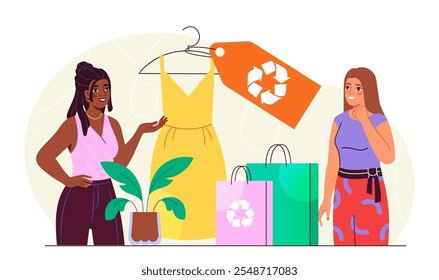 Mujer con reciclaje de ropa. Chicas jóvenes con ropa de moda hecha de materiales reciclados. Cuidar la ecología y el medio ambiente. Ilustración vectorial plana aislada sobre fondo blanco