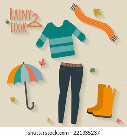 Woman clothing set. Casual rainy autumn day look. Flat style vector illustration.