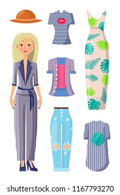 Woman and clothing set, collection of clothes of summer mode, poster with jeans, dress and shirts, isolated on vector illustration