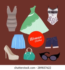 woman clothing set with dress, glasses, stockings, bag and other.