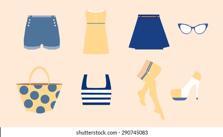 woman clothing set with dress, glasses, stockings, bag and other.