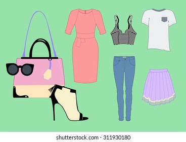 woman clothing set with dress, glasses, stockings, bag and other.