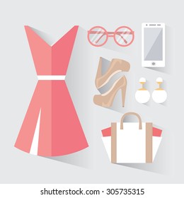 Woman clothing set with dress, shoes, glasses, phone, bag and earrings. Businesswoman clothes decorative icons flat set. Vector illustration 