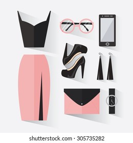 Woman clothing set with halter top, skirt, glasses, shoes, phone, bag clutch, watch and earrings.Businesswoman clothes decorative icons flat set. Vector illustration 