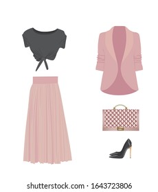 Woman clothing set with shoes and handbag, vector