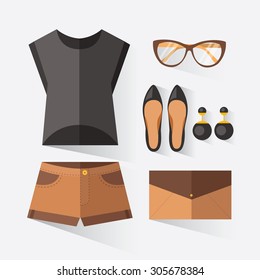Woman clothing set with t-shirt, denim shorts, glasses, ballet flats, arrings and clutch bag. Casual day look. Modern woman clothes decorative icons flat set. Vector illustration 