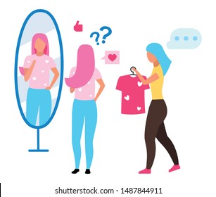 Woman in clothing store flat vector illustration. Fashionista choosing t shirt, shop assistant helping young girl in fitting room cartoon characters. Customer trying new outfit in wardrobe