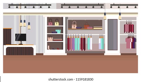 La vestimenta de mujer en el interior con mostrador de pago, bolsas en estantes y ropa en la ilustración vectorial de perchas. Tienda de mujeres. Concepto de compras. Para sitios web, fondos de pantalla, afiches o banners.