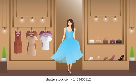 The woman in a clothing store. Women's shopping. Beautiful, stylish woman and clothing store, boutique.  Vector clothing shop. Vector illustration