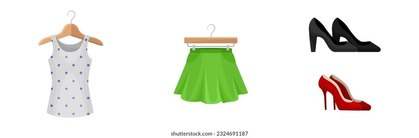 Woman Clothing with Tank Top, Skirt on Hanger and Heeled Shoes Vector Set