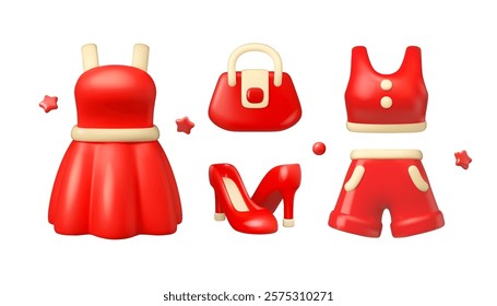 Woman clothing vector 3d icon set. Red dress, crop top and shorts isolated. Cartoon bag and high heels, fashion outfit, clothes store concept