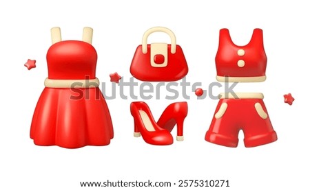 Woman clothing vector 3d icon set. Red dress, crop top and shorts isolated. Cartoon bag and high heels, fashion outfit, clothes store concept