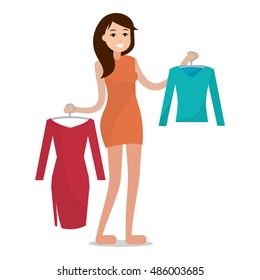 Woman with cloths. Girl try clothing. Flat style vector illustration.