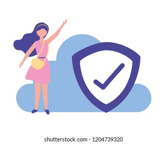 woman cloud computing shield protection checkmark