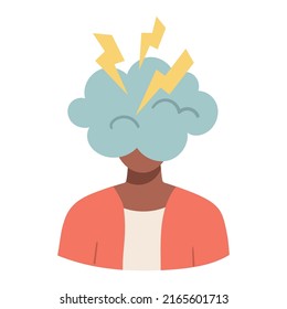 Woman with cloud and lightening on her head. Negative emotions. Vector flat illustration