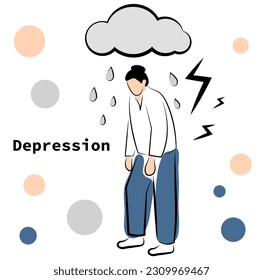 
A woman with a cloud over her head. Woman in depression. Vector image isolated on white background