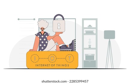 Woman with a cloud storage device, modern vector character style.