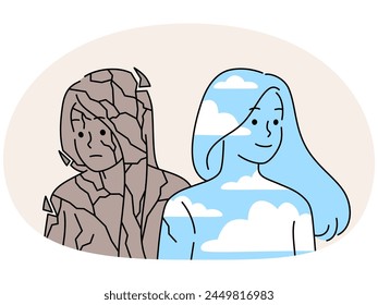 Woman in clouds and broken stone showing life contrast. Happy and unhappy girl feel joyful and depressed. Concept of fantasy and imagination. Vector illustration.