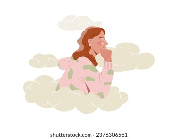 Woman in clouds concept. Young girl dream at sky. Imagination, calmness and fantasy. Psychology and mental health. Cartoon flat vector illustration isolated on white background