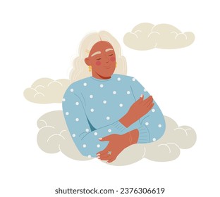 Woman in clouds concept. Young girl dream at sky. Positivity and optimism. Psychology and mental health. Poster or banner for website. Cartoon flat vector illustration isolated on white background