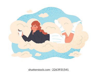 Woman in clouds. Young girl lies with mug of coffee or tea in her hands. Character with hot drink daydreaming. Imagination and fantasy, freedom. Cartoon flat vector illustration