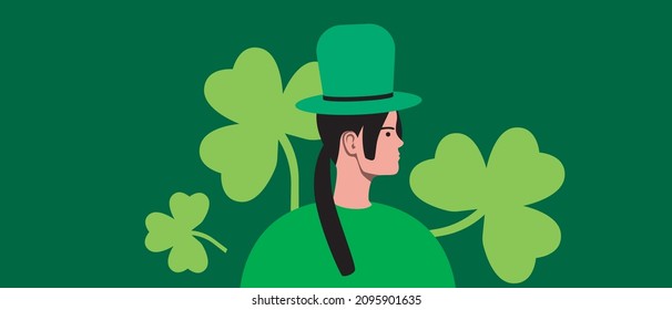 Woman with clover in green, st patrick's day. Flat vector stock illustration. Irish holiday, people are celebrating. Woman with a hat. Vector graphics