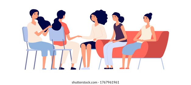 Woman club. Group psychotherapy, flat female characters together. Emotional support and protect, friendship or family. Isolated psychologist consulting girls vector illustration