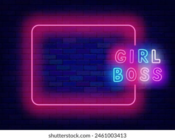 Woman club neon advertising. Free enter for ladies. Empty pink frame and typography. Girl boss colorful text. Shiny banner. Copy space. Editing text. Vector stock illustration