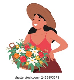 La Mujer Agarra Una Cesta Llena De Flores Vibrantes, Sus Innumerables Colores Complementan Su Alegre Expresión En La Cara Serena Y Sonriente. Personaje femenino feliz posando. Ilustración vectorial de personas de dibujos animados