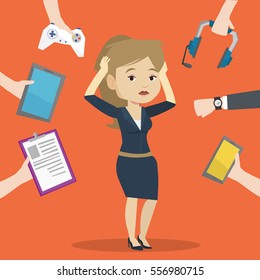 Woman clutching head and many hands with modern gadgets around her. Young woman in despair surrounded with gadgets. Woman using many electronic gadgets. Vector flat design illustration. Square layout.