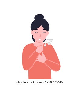 Woman clutching her chest and coughing, dyspnea, shortness of breath, disordered or inadequate breathing, pain in the chest and air hunger, lack of air, hyperventilation. 