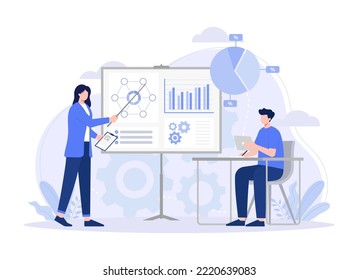 Woman coach explaining statistics to businessmen. graph, company, business and marketing. Modern vector flat illustration.