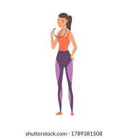 Woman Coach, Female Trainer Character In Sports Uniform Standing With Whistle In Her Hand Vector Illustration