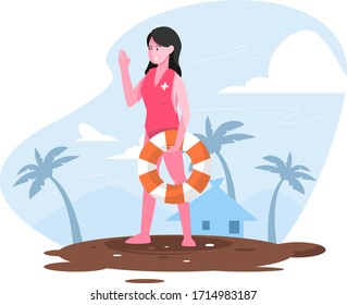 Woman Coast Guard Beach Flat Illustration