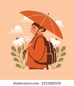 Mulher de casaco com mochila e guarda-chuva andando sobre a natureza, na chuva entre flores, plantas, folhas, nuvens, estrelas. Ilustração ingênua com personagem feminina bonito. Viagem, lazer. Outono acolhedor.