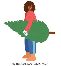 Woman in a coat and boots carries a Christmas tree in her hands. Festive winter concept. Vector illustration in simple style