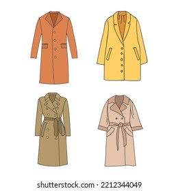 Woman coat colorful doodle illustrations collection in vector. Coat colorful icons collection in vector.