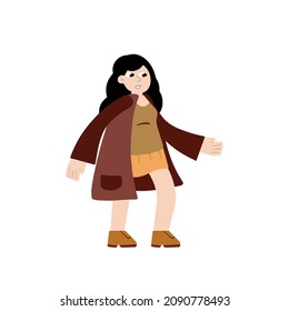 Woman in coat. Female character in casual autumn clothes. Girl walking. Flat trendy cartoon illustration