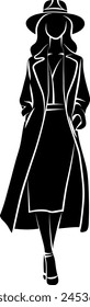 Woman In Coat and Hat. Vector monochromatic illustration