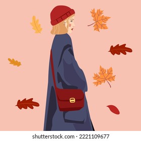 The woman in a coat and hat walks in the autumn. The girl is against the background of falling autumn leaves. Cosy clothes in cold weather. Blonde  in a red knitted hat. The vector illustration 